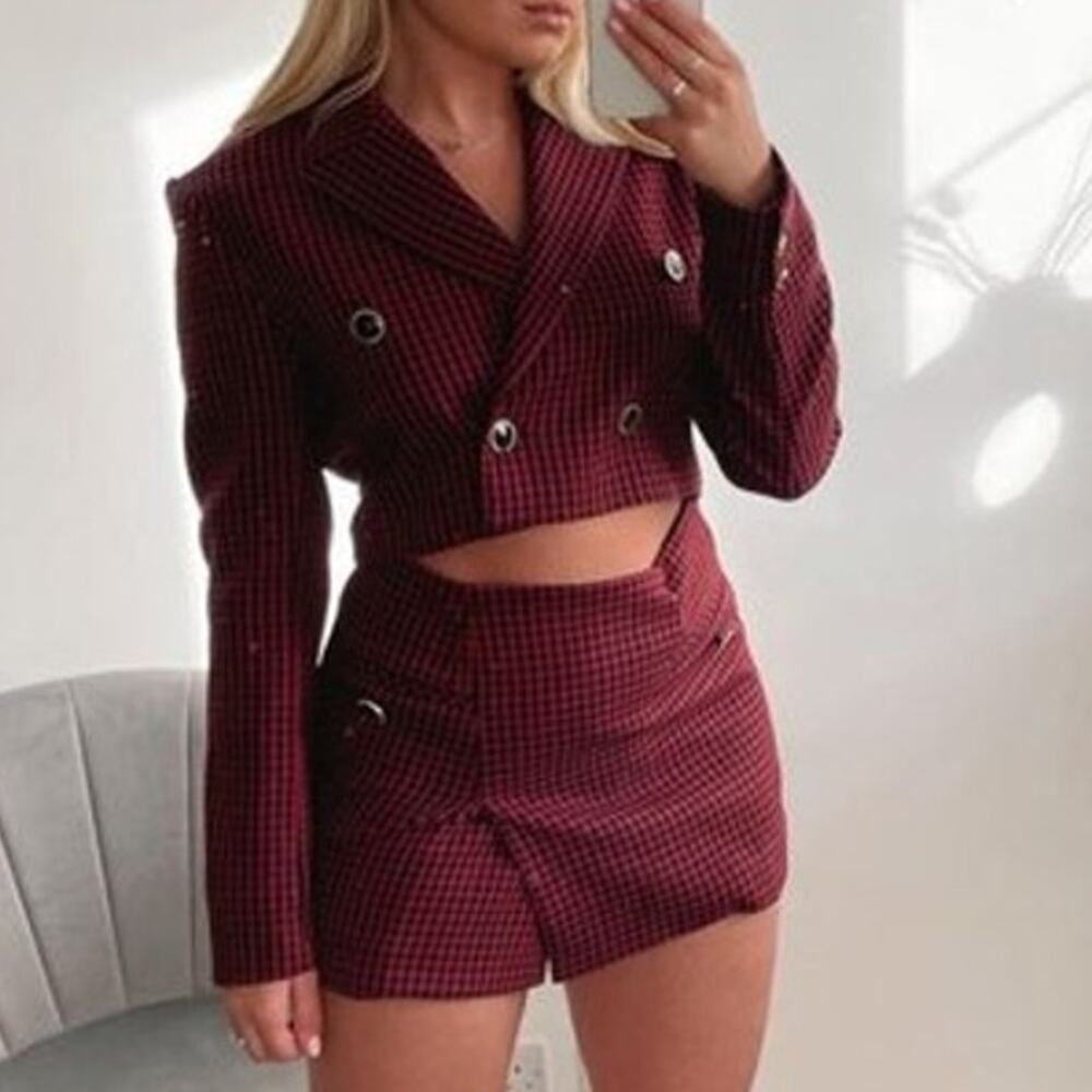 Zara Houndstooth Cropped Blazer Jacket Shoulder Pad Double Breasted Plaid